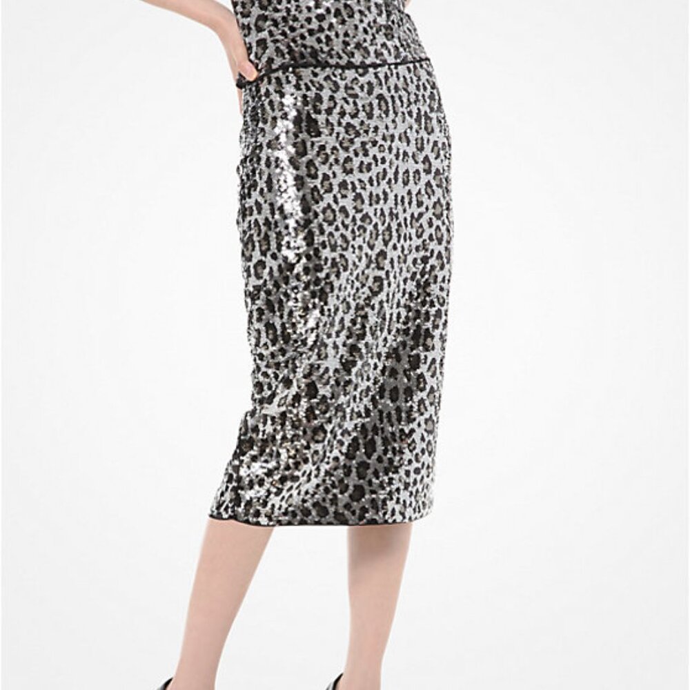 Michael Kors Leopard Sequin Pencil Sheath Skirt